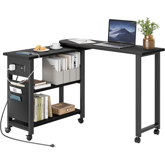 360 Rotating End Table with Charging Station and Storage Bag Swivel Side Table on Wheels for Living Room