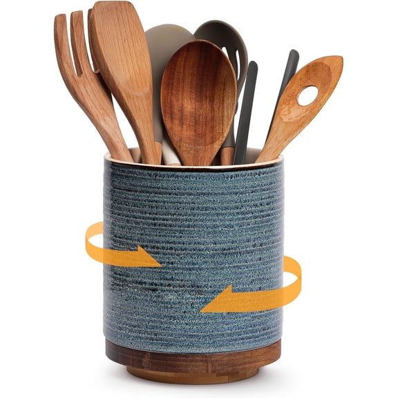 360 Rotating Extra Large Cooking Utensil Holder, 7.6" Kitchen Utensil Holder for Countertop, Utensil Crock for Farmhouse Kitchen Decor, Ceramic Stable Utensil Caddy, Blue