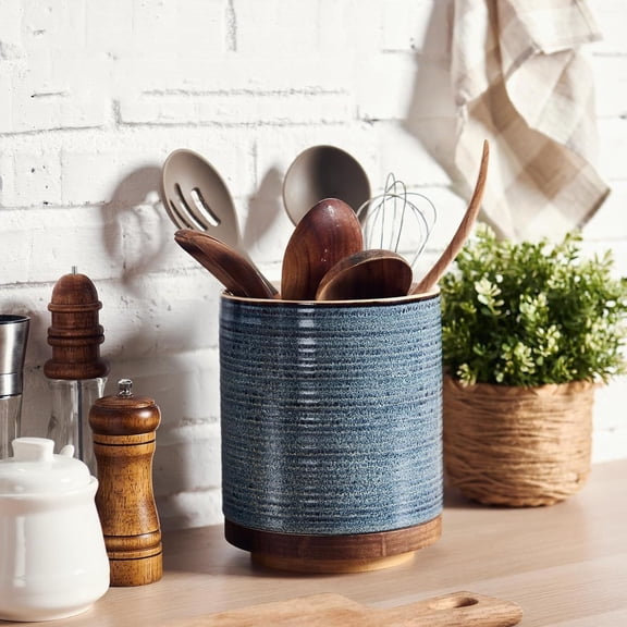 360 Rotating Extra Large Cooking Utensil Holder, 7.6" Kitchen Utensil Holder for Countertop, Utensil Crock for Farmhouse Kitchen Decor, Ceramic Stable Utensil Caddy, Blue
