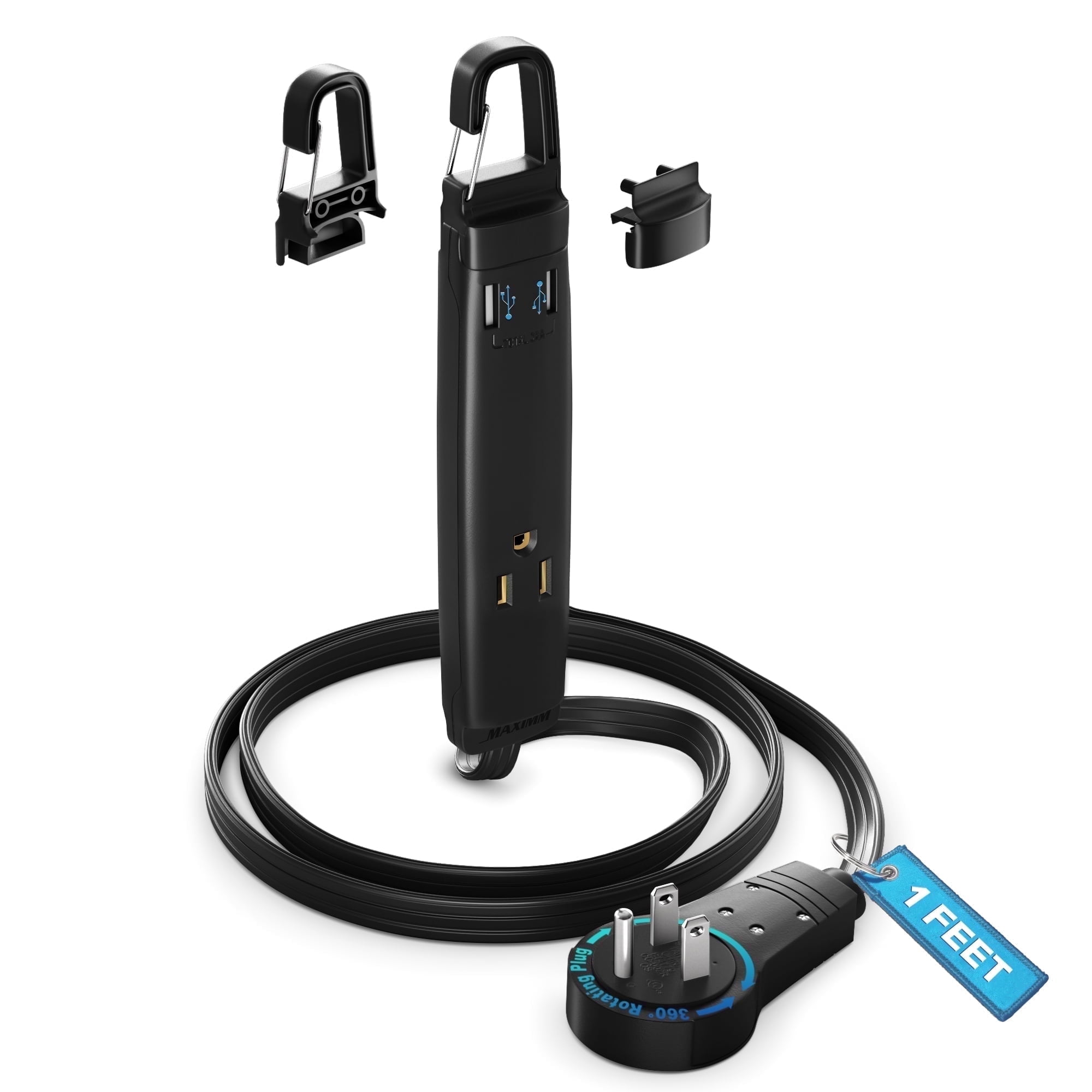 360° Rotating Flat Plug Extension Cord with USB Ports and a Removable Hook Black Extension Cord 1 ft (16 Gauge) UL Certified