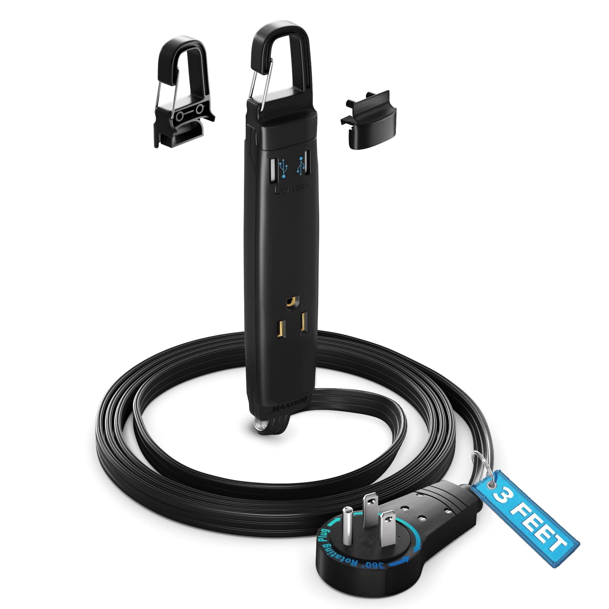 360° Rotating Flat Plug Extension Cord with USB Ports and a Removable Hook Black Extension Cord 3 ft (16 Gauge) UL Certified