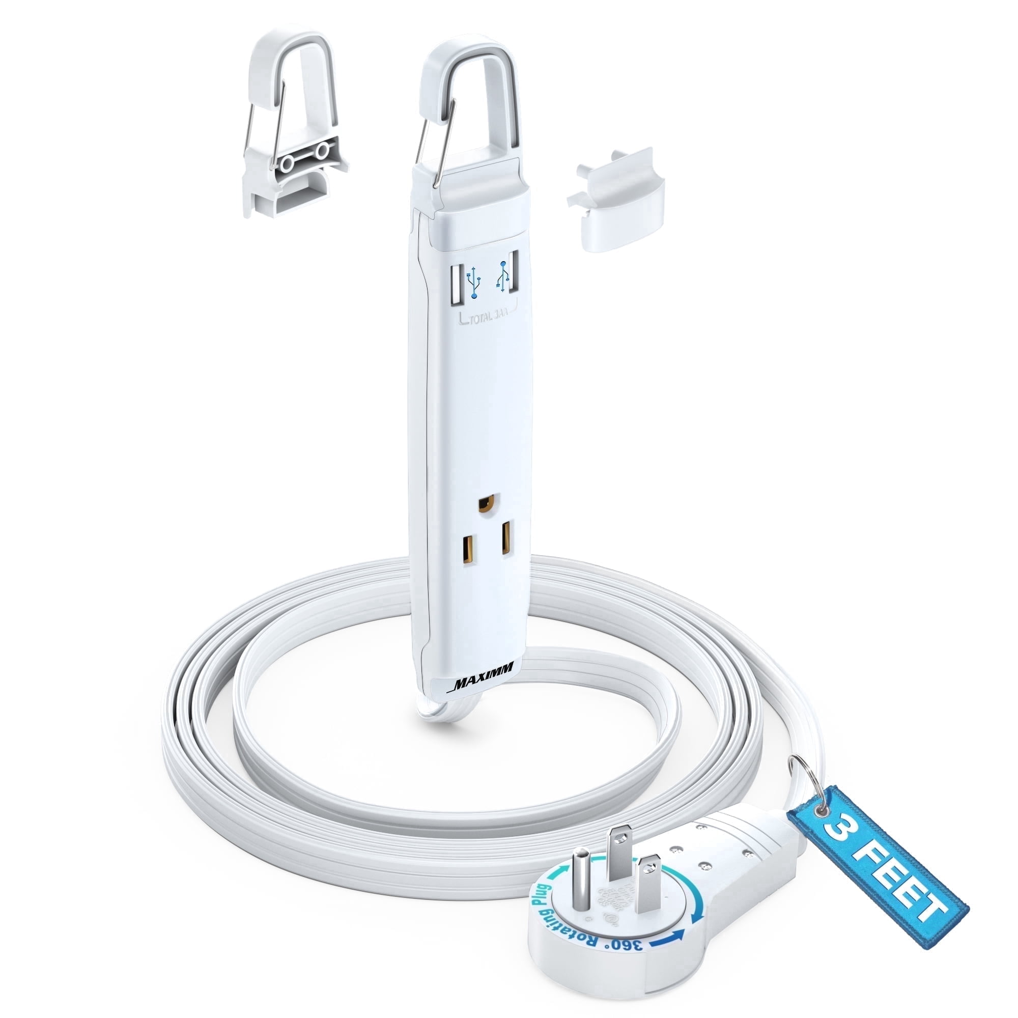 360° Rotating Flat Plug Extension Cord with USB Ports and a Removable Hook White Extension Cord 3 ft (16 Gauge) UL Certified