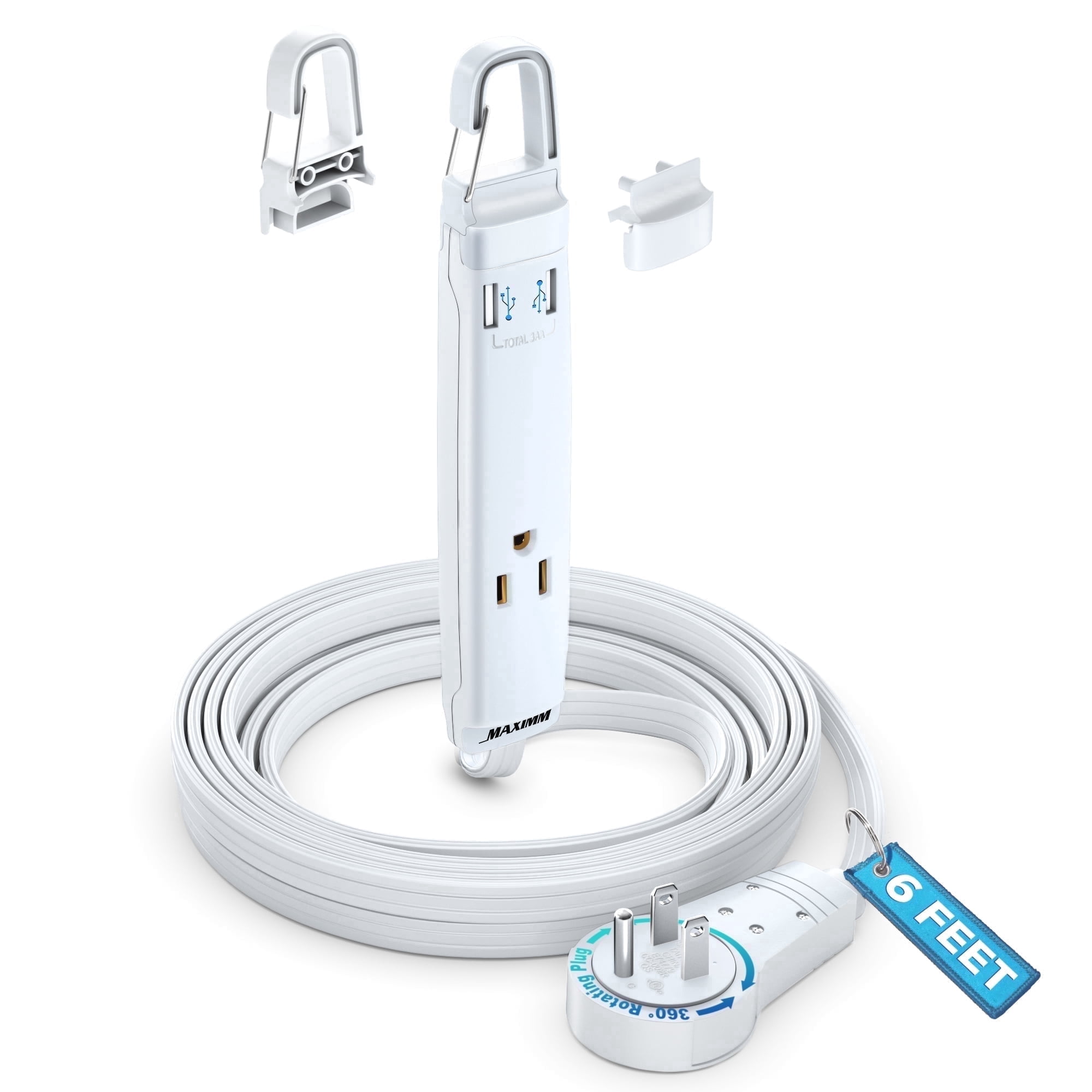 360° Rotating Flat Plug Extension Cord with USB Ports and a Removable Hook White Extension Cord 6 ft (16 Gauge) UL Certified