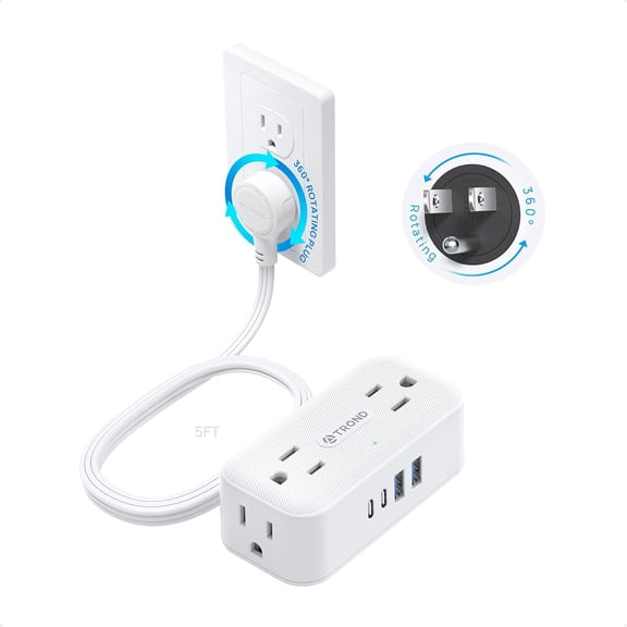 360 Rotating Flat Plug Power Strip 5FT Extension Cord with 4 USB Ports Wide Spaced AC Outlets Wall Mount 900J Surge Protector for Office Travel Dorm Room Essentials White