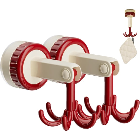 2Pcs Small Suction Cups with Hooks: 360° Rotating Folding Hook for Kitchen Utensils, Suction Cup Hooks with 6 Hooks, Kitchen Hooks for Hanging Utensil, Utensil Hanger (2, Red)