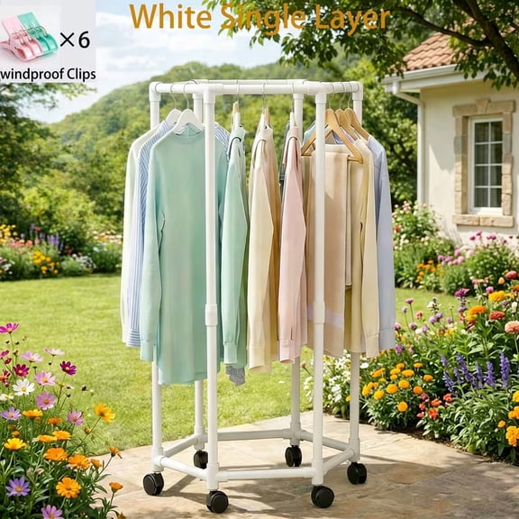 360 Rotating Freestanding Garment Rack with 8 Windproof Clips, White