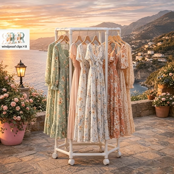 360 Rotating Freestanding Garment Rack with 8 Windproof Clips, White
