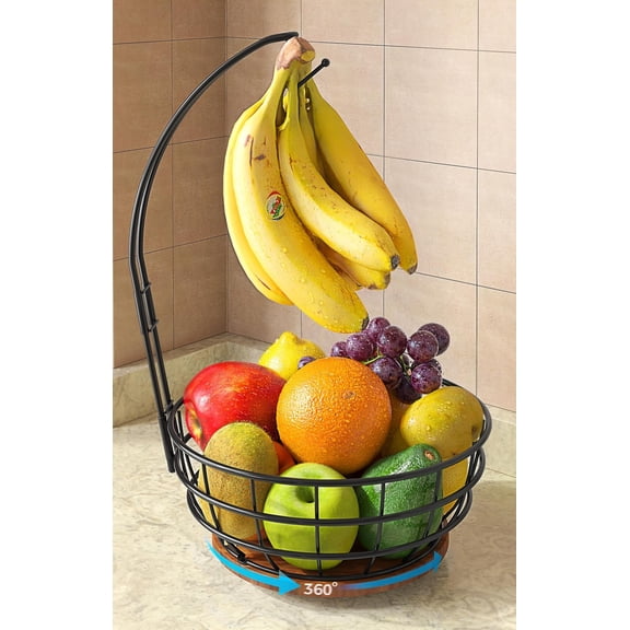 360?Rotating Fruit Basket for Kitchen Counter with Upgraded Banana Hanger, 2026 Pro Metal Countertop Fruit and Vegetable Basket Bowl Storage with Wooden Non-Slip Base, Black