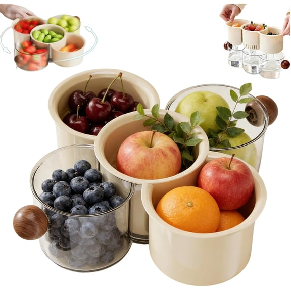 360° Rotating Fruit and Vegetable Storage Basket with Drainage, Detachable Spin Snack Container,Double-Layered Nut & Candy Organizer, Space Saving Rotating Snack Organizer Fruit Basket (Brown-Small)