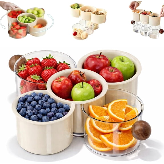 360 Rotating Fruit and Vegetable Storage Basket with Drainage,Double Multi-Compartment Nut Platter,Divided Spin and Snack Serving Tray for Kitchen Countertop,Dining Table,Party