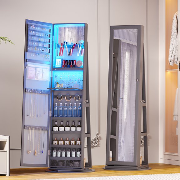 360° Rotating Full Length Mirror Jewelry Armoire, 63” Large Capacity Jewelry Organizer, Lockable Jewelry Mirror Cabinet
