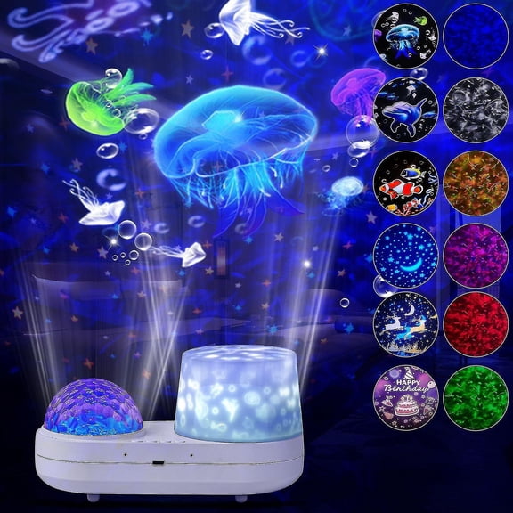 360 Rotating Galaxy Projector with 6 Colors Double-Layer Stereo Night Light for Bedroom Ocean Ambiance Projection Effect