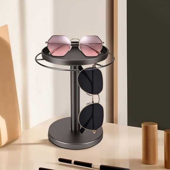 360° Rotating Glasses Stand Organizer - Stainless Steel Eyeglass Display Rack with Wood Tray, Space-Saving Sunglasses Holder for Desk, Dresser, Nightstand | Home Decor Storage Solution
