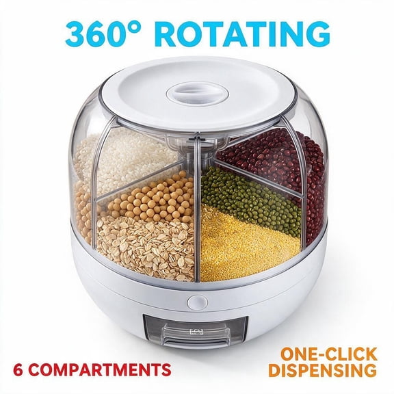 360 Rotating Grain Dispenser, 6-Compartment Airtight Dry Food Storage, Moisture-Proof Insect-Proof Sealed Rice Bucket, One-Click Kitchen Organizer for Rice Beans Grains Cereals Pet Food