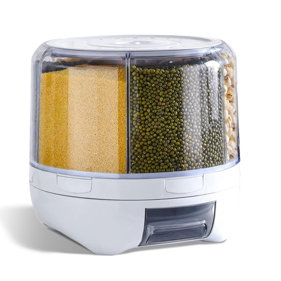 360°Rotating Grain Dispenser, Large Capacity 6 Grid Storage Container with Airtight Lid, Suitable for Peanuts, Barley, Rice and Grains