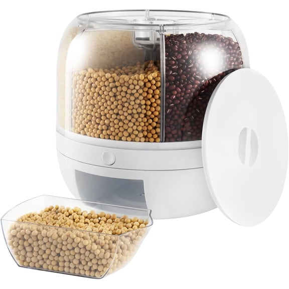 360? Rotating Grain Storage Container - Large Rice Dispenser with -Click Output, Multi-Compartment Kitchen Organizer for Small Grains, Beans, Flour (Airtight & Stackable)