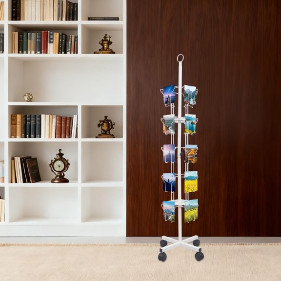 360 Rotating Greeting Card Display Rack, 20 Pocket Spinning Brochure Holder with Wheels for Retail Office Library Use