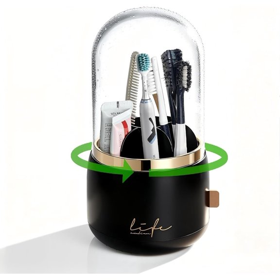 360? Rotating Holder for Bathroom, 7-Slot with Cover & Drainage for Electric Toothbrushes, , Razors - Stand Storage for , Bathroom Accessories, Countertop Organize (Black)