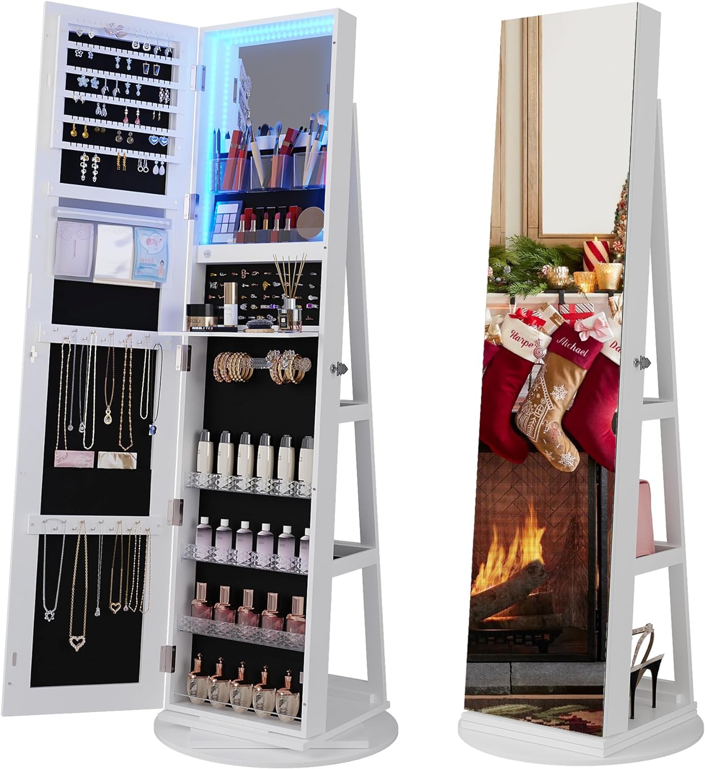360° Rotating Jewelry Armoire with LED Lights, 63" H Full Length Mirror with Jewelry Storage