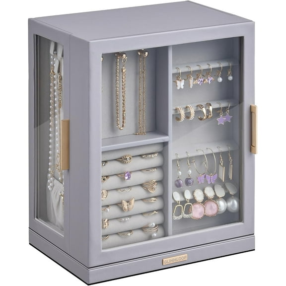 360° Rotating Jewelry Box with 5 Drawers, Spacious Vertical Jewelry Organizer with Glass Window, Jewelry Storage Case, Dustproof & Moisture-resistant Design, Grey