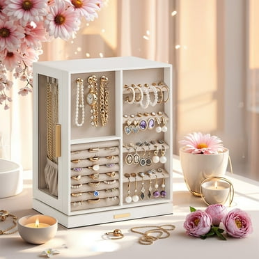 360° Rotating Jewelry Box with Glass Window, 5 Drawers Jewelry Storage Case Accessory Organizer, Gift, Cloud White
