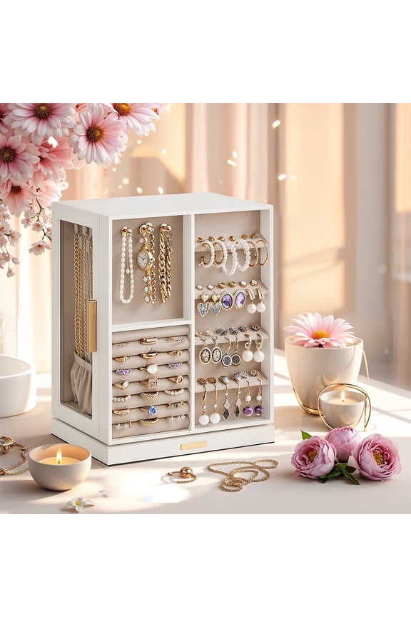 360° Rotating Jewelry Box with Glass Window, 5 Drawers Jewelry Storage Case Accessory Organizer, Gift, Cloud White