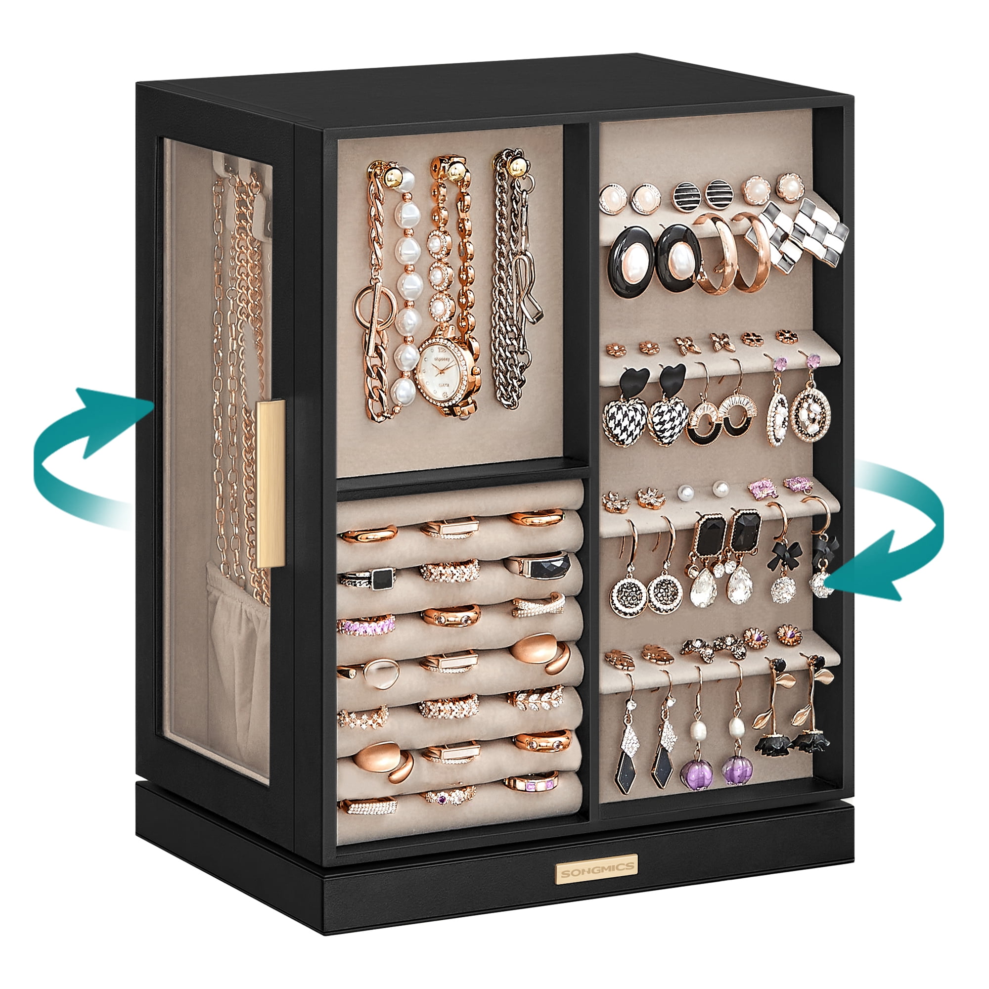 360° Rotating Jewelry Box with Glass Window and 5 Drawers Jewelry Storage Case Organizer , Graphite Black
