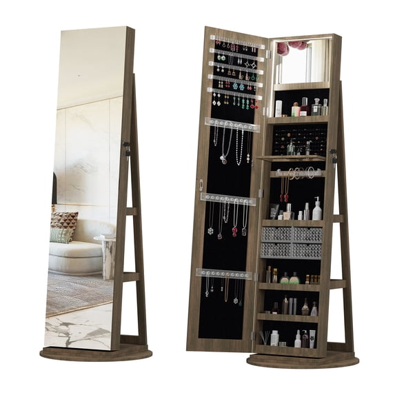 360° Rotating Jewelry Cabinet with Full Length Mirror, Brown | 360° rotation, lockable storage, lighted interior, space-saving design