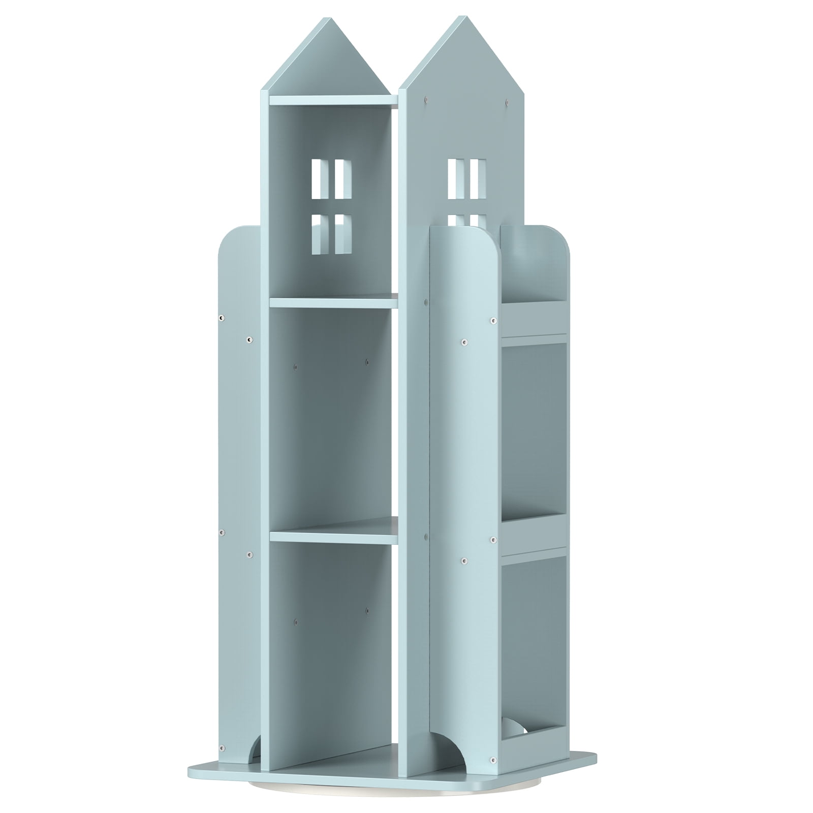 360° Rotating Kids Bookshelf, Blue Engineered Wood House-Shaped Bookcase, 38in Tall Storage Organizer for Bedroom, Playroom, Living Room