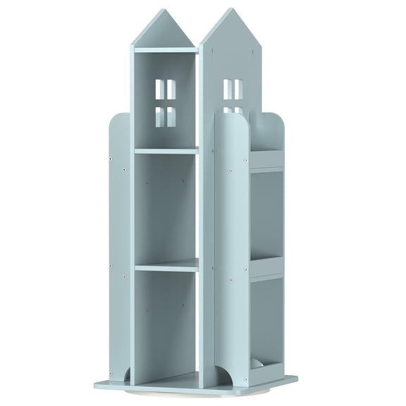 360° Rotating Kids Bookshelf, Blue Engineered Wood House-Shaped Bookcase, 38in Tall Storage Organizer for Bedroom, Playroom, Living Room