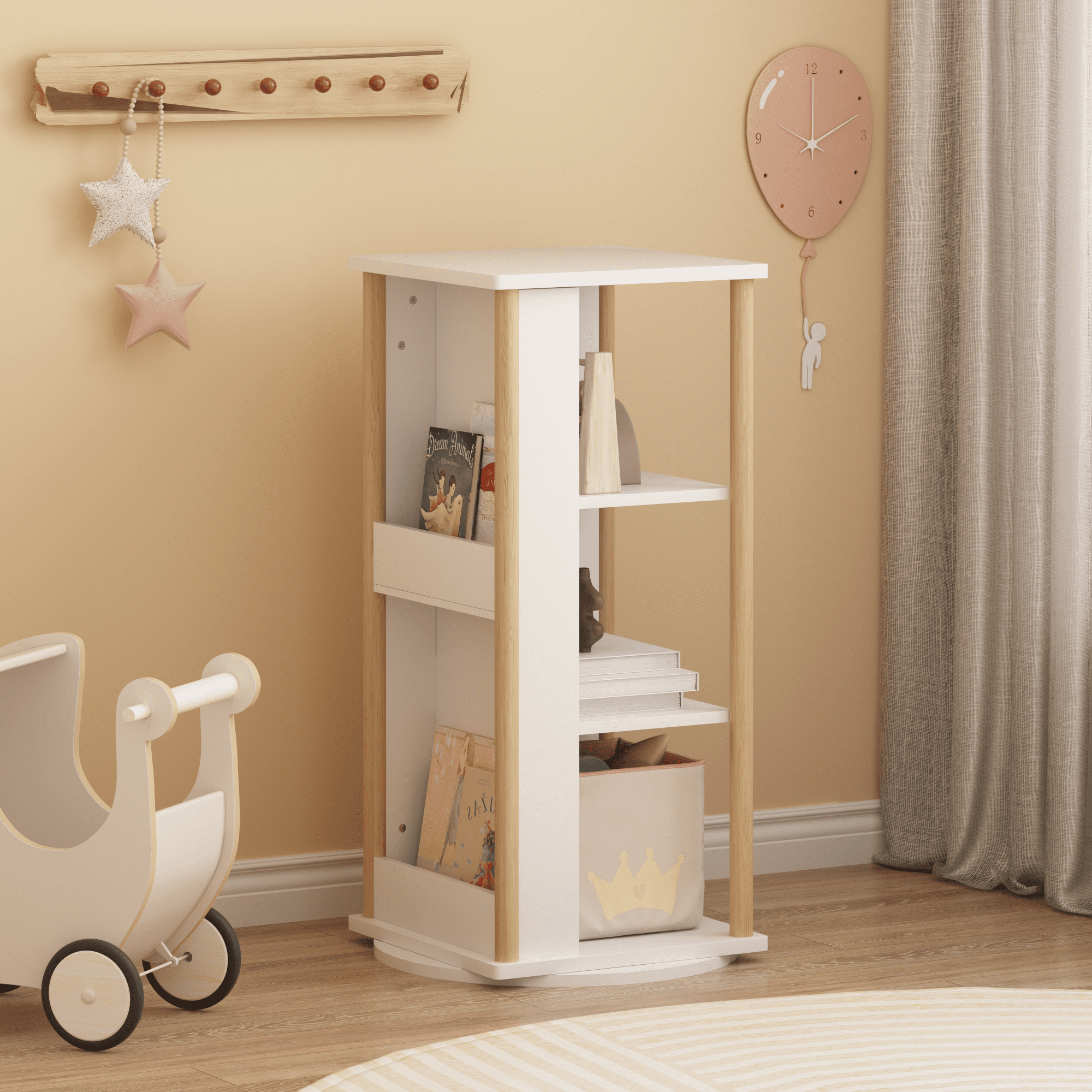360° Rotating Kids Bookshelf with Chalkboard, 3-Tier Wood Floor Revolving Bookcase & Toy Storage Organizer, Picture Book Display Stand for Toddlers, Nursery & Playroom, White and Natural