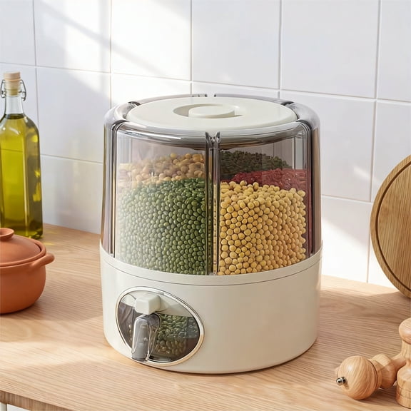 360 Rotating Kitchen Grain Dispenser with Six Compartments Transparent Storage Container Click Output Dry Food Dispenser for Legumes and Rice