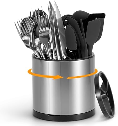 Silverware Container For Counter 360° Rotating Kitchen Silverware Caddy, Stainless Steel Utensil Holder ...