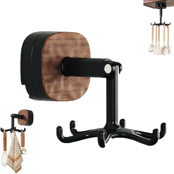 360° Rotating Kitchen Utensil Holder with 6 Hooks,No-Drill Under Cabinet Hanging Rack, Suction Cup Adhesive Space-Saving Organizer for Spatulas, Towels, Aprons, Pots