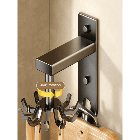 360 Rotating Kitchen Utensil Wall Hooks, No Drill Space Aluminum Multi-Purpose Cookware Storage Rack, Carbon Steel Hanging Organizer for Kitchen Gadgets