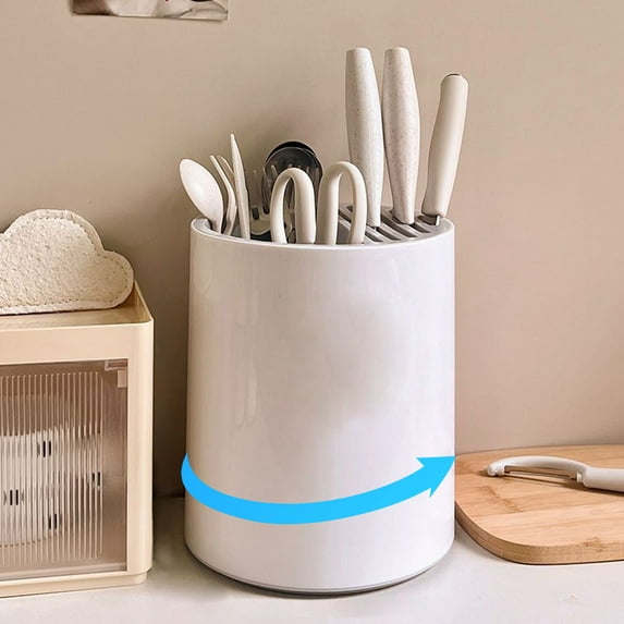 360° Rotating Knife Block Organizer | Large Capacity Plastic Kitchen Utensil Holder, Space Saving Countertop Storage for Knives, Chopsticks, Spoons – White/Yellow, 16.3x20cm Durable Design