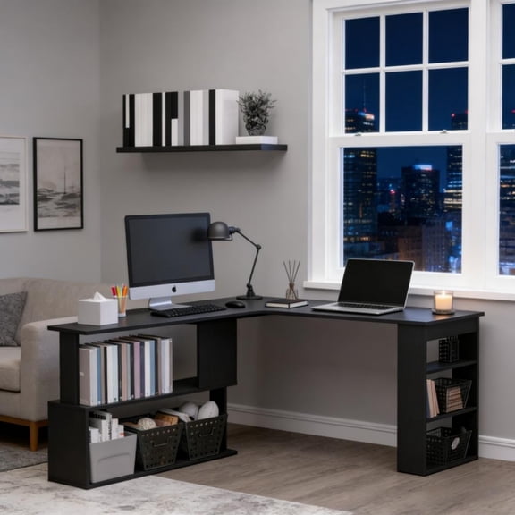 360° Rotating L Shaped Computer Desk, Corner Writing Table with Shelves Storage for Home Office Bedroom Study Gaming Workstation, Black