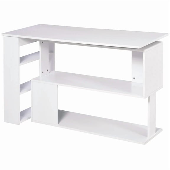 360 Rotating L-Shaped Computer Desk with 5 Storage Shelves, Convertible Corner Writing Workstation, Engineered Wood, White