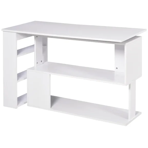 360 Rotating L-Shaped Computer Desk with 5 Storage Shelves, Convertible Corner Writing Workstation, Engineered Wood, White