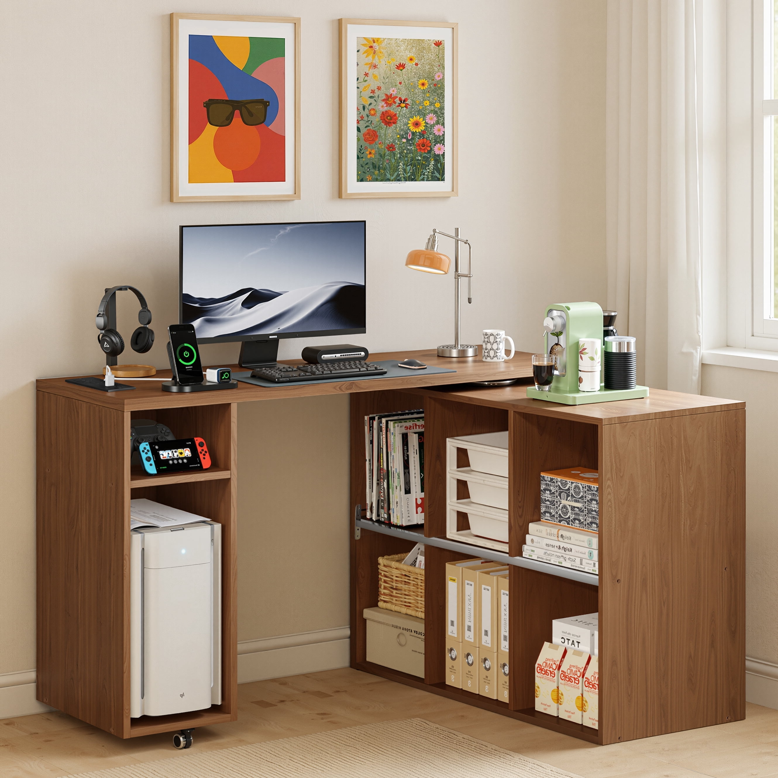 BOSHIRO 360° Rotating L-Shaped Computer Desk with Storage Shelves, Adjustable Swivel Arm Writing Table for Home Office or Bedroom, Rustic Brown Finish