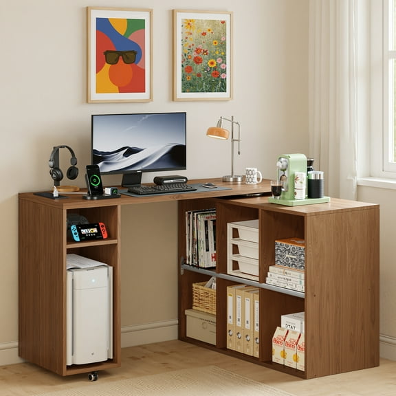 BOSHIRO 360° Rotating L-Shaped Computer Desk with Storage Shelves, Adjustable Swivel Arm Writing Table for Home Office or Bedroom, Rustic Brown Finish