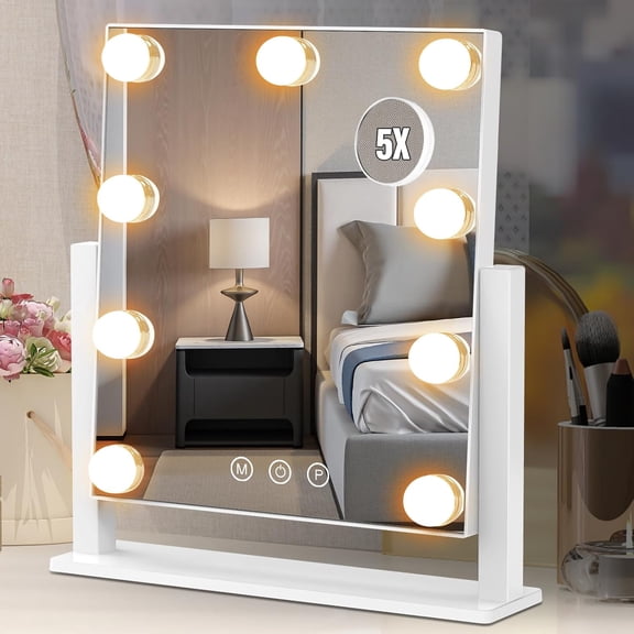 360° Rotating Lighted Makeup Mirror with 5X Magnification, 3 Color Modes, 12 Dimmable Bulbs, Smart Touch Control
