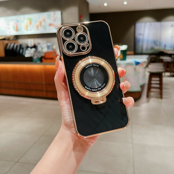 360 Rotating Magnetic Invisible Stand Case for iPhone 13 Pro Max, Compatible with MagSafe Luxury Plating Shockproof Slim Thin Protective Phone Case Cover for iPhone 13 Pro Max - Black