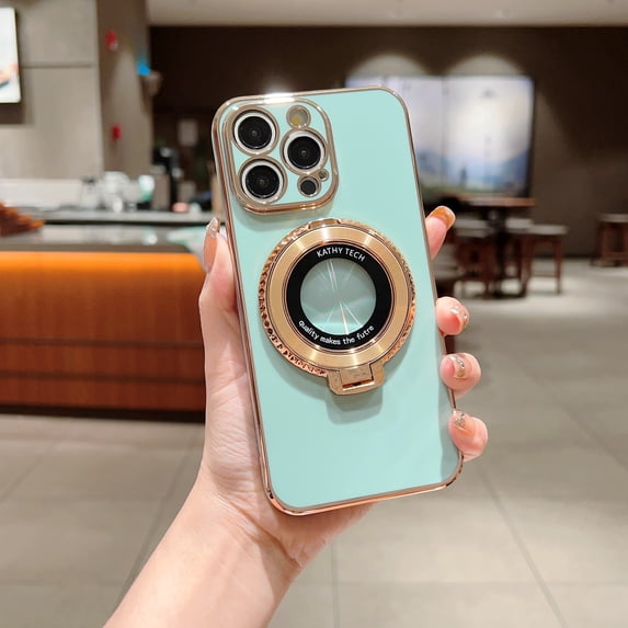 360 Rotating Magnetic Invisible Stand Case for iPhone 14, Compatible with MagSafe Luxury Plating Shockproof Slim Thin Protective Phone Case Cover for iPhone 14 - Turquoise