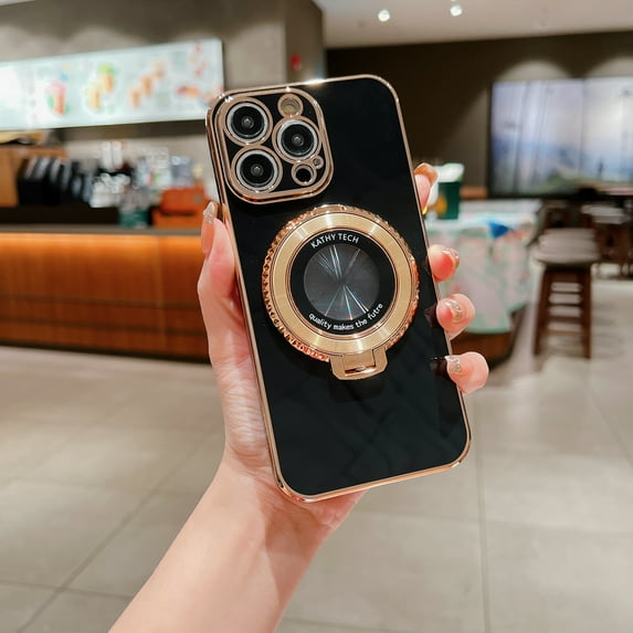 360 Rotating Magnetic Invisible Stand Case for iPhone 14 Pro Max, Compatible with MagSafe Luxury Plating Shockproof Slim Thin Protective Phone Case Cover for iPhone 14 Pro Max - Black