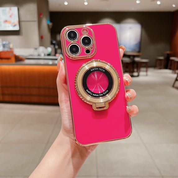 360 Rotating Magnetic Invisible Stand Case for iPhone 14 Pro Max, Compatible with MagSafe Luxury Plating Shockproof Slim Thin Protective Phone Case Cover for iPhone 14 Pro Max - Rose