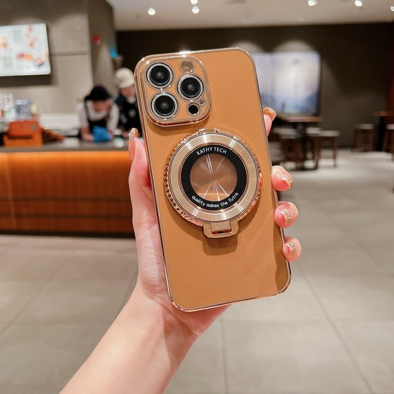 360 Rotating Magnetic Invisible Stand Case for iPhone 15, Compatible with MagSafe Luxury Plating Shockproof Slim Thin Protective Phone Case Cover for iPhone 15 - Coffee
