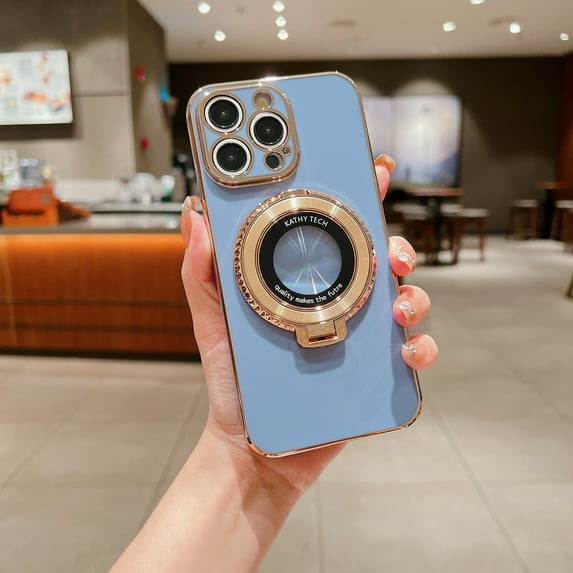 360 Rotating Magnetic Invisible Stand Case for iPhone 15 Pro Max, Compatible with MagSafe Luxury Plating Shockproof Slim Thin Protective Phone Case Cover for iPhone 15 Pro Max - Grassgray