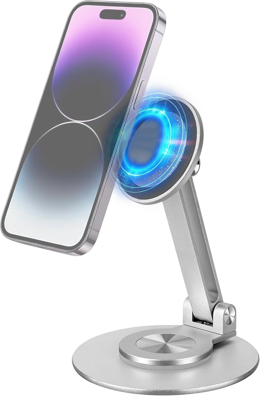 360° Rotating Magnetic Phone Stand for Desk, Adjustable Foldable Aluminum for Cell Phone Stand, Compatible with iPhone 17/16/15/14/13/12 Series and Android (Silver)