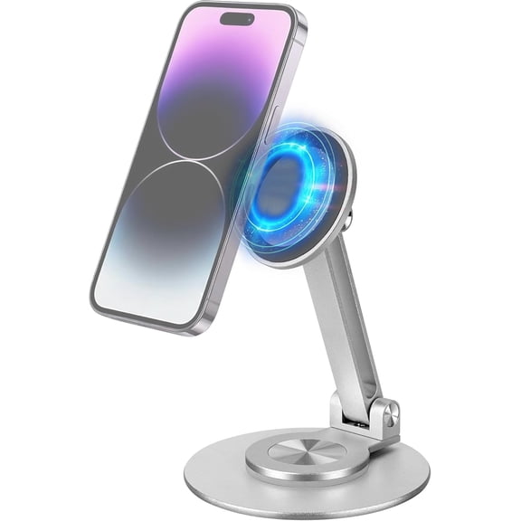 360 Rotating Magnetic Phone Stand for Desk, Adjustable Foldable Aluminum for Cell Phone Stand, Compatible with iPhone 17/16/15/14/13/12 Series and Android (Silver)